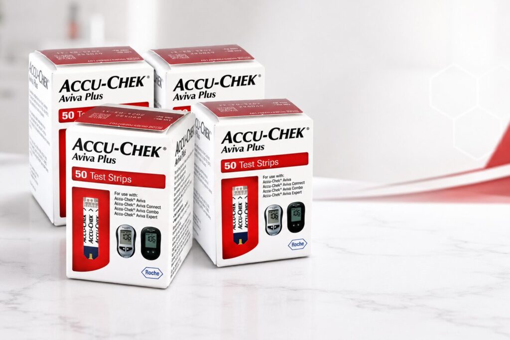 Sealed Accu-Chek test strip boxes showing resale value factors like expiration date, packaging condition, and brand demand